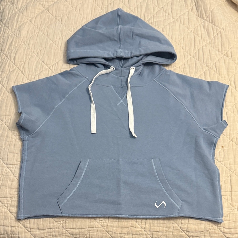 TLF Blue Short Sleeve Hoodie with White Drawstrings